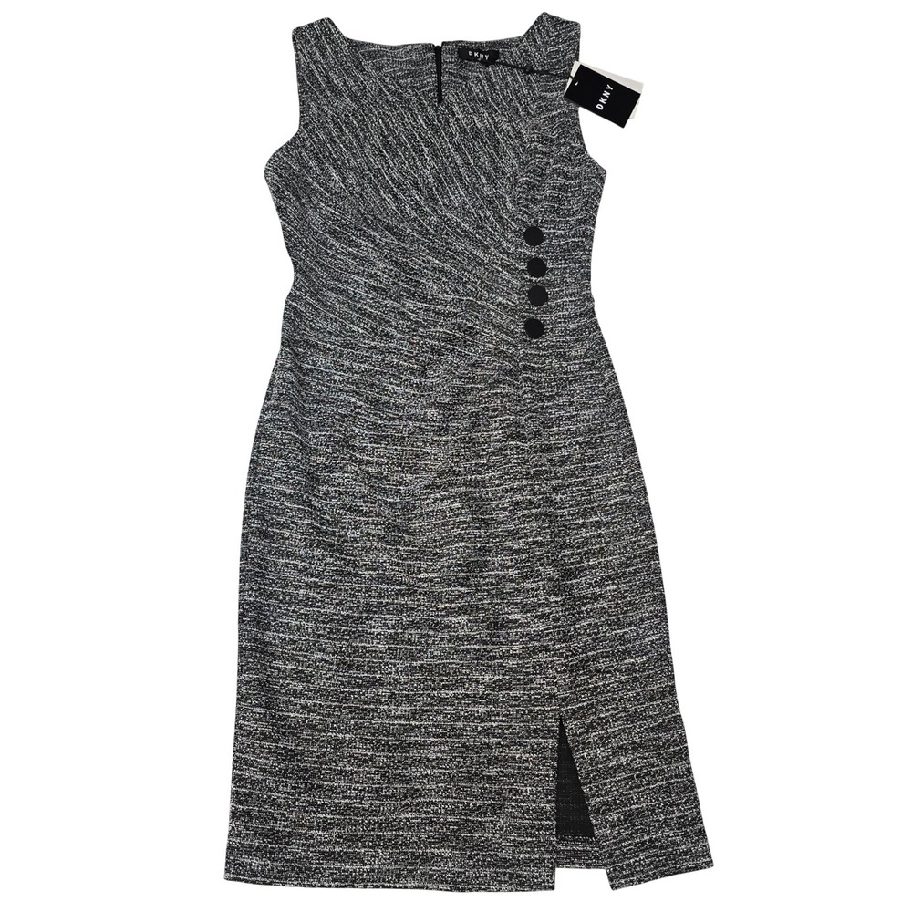 DKNY Womens Black‎ White Metallic Tweed Sheath Dress Side Button Ruched Size 4